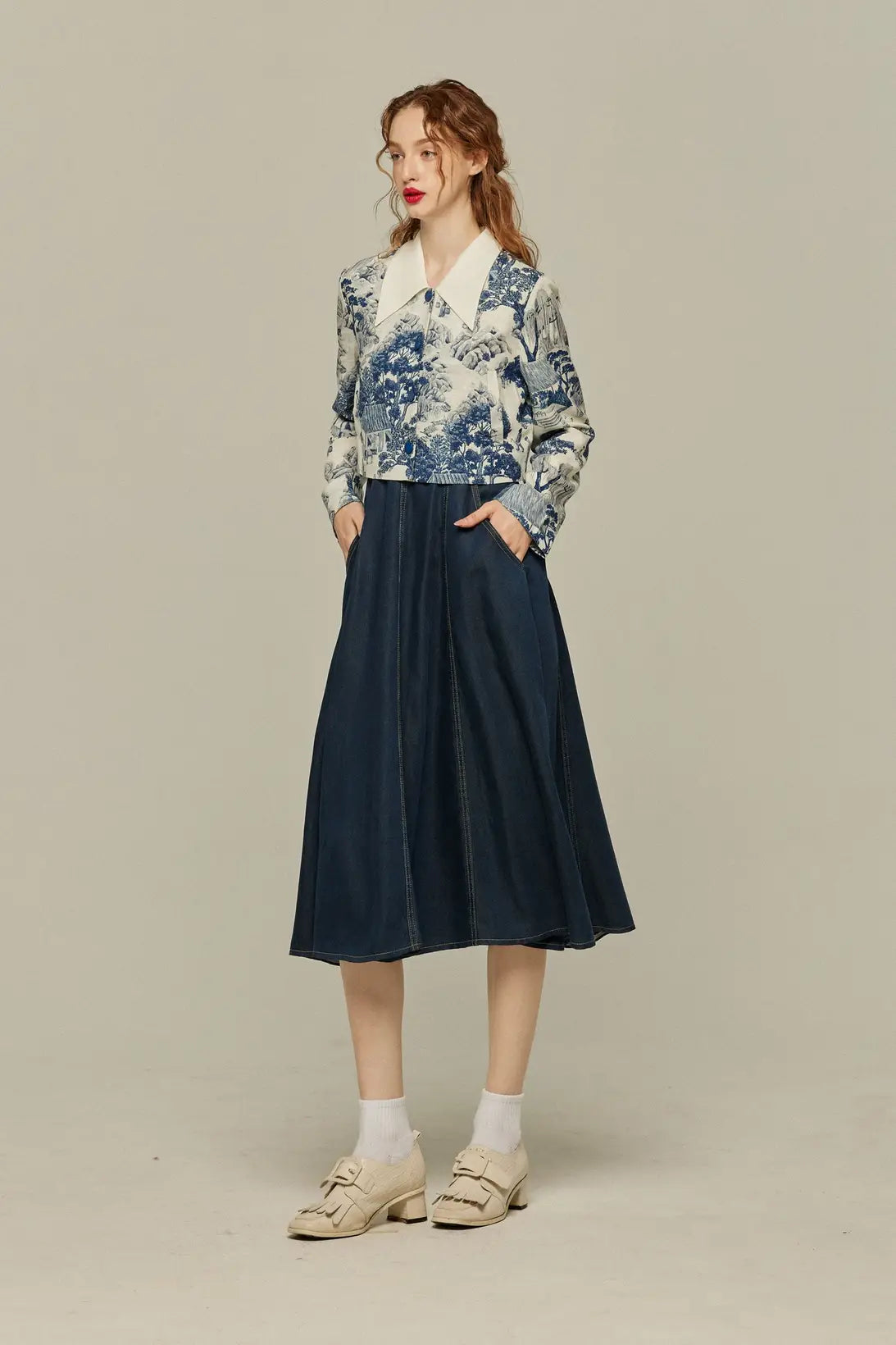 ハイウエストデニムスカート-Navy