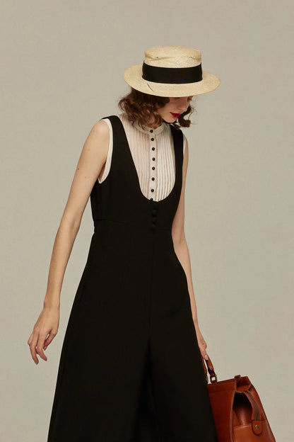 ハイウエストデザインバッククロスサロペット-Black
