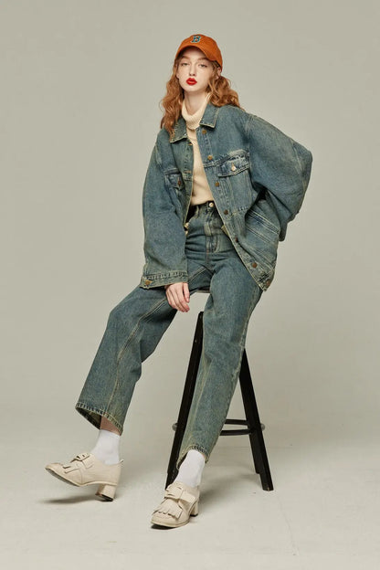ハイウエストストレートデニムパンツ-Blue
