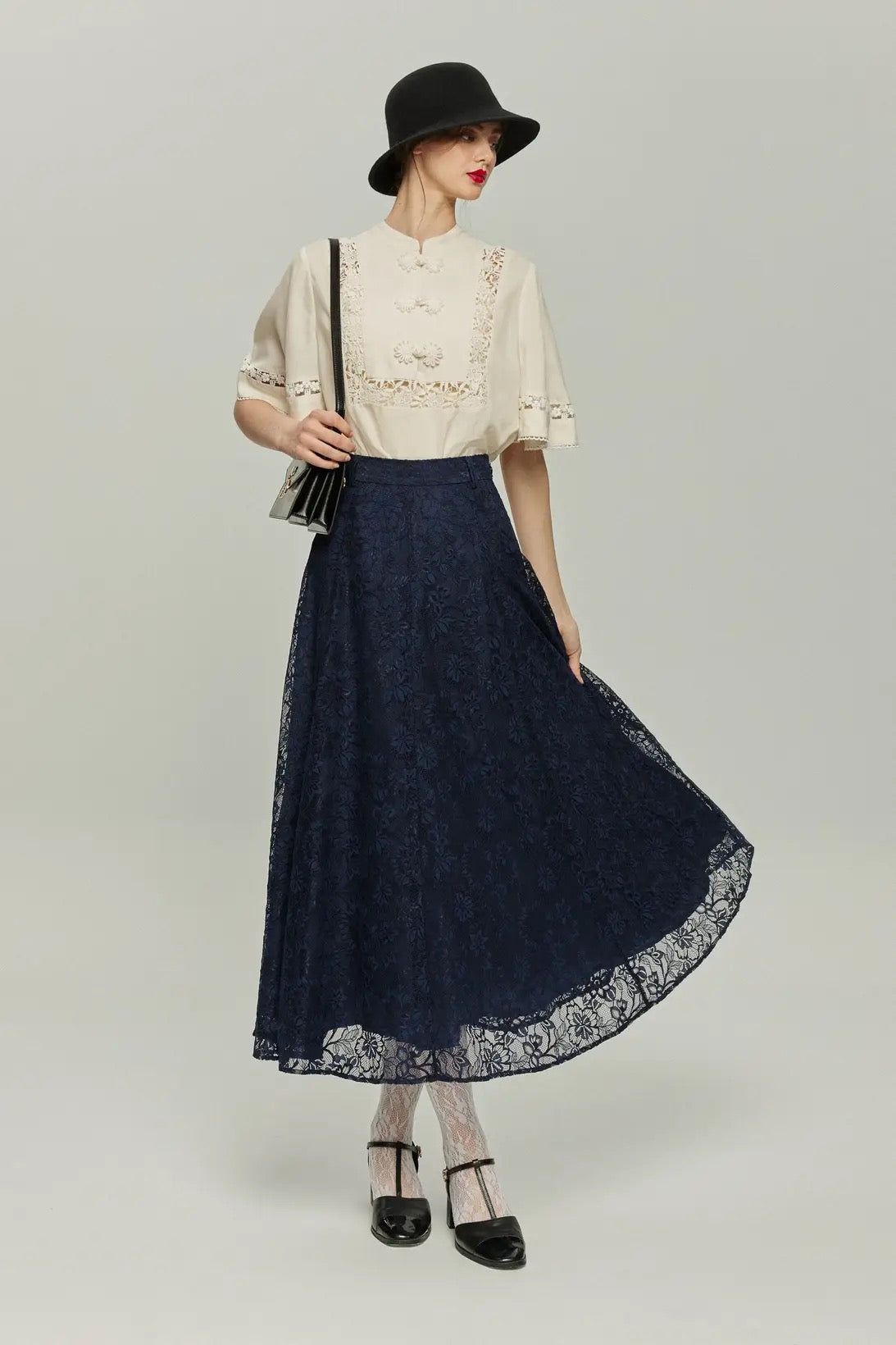 ハイウエストフレアレーススカート-Navy