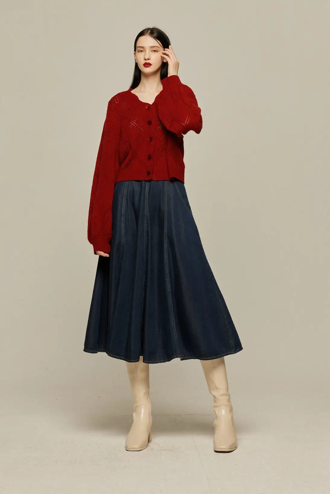 ハイウエストデニムスカート-Navy