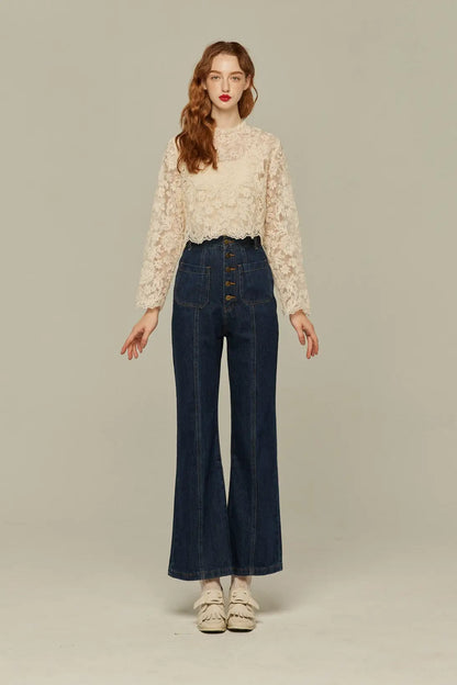 フロントボタンハイウエストデニムパンツ-Navy