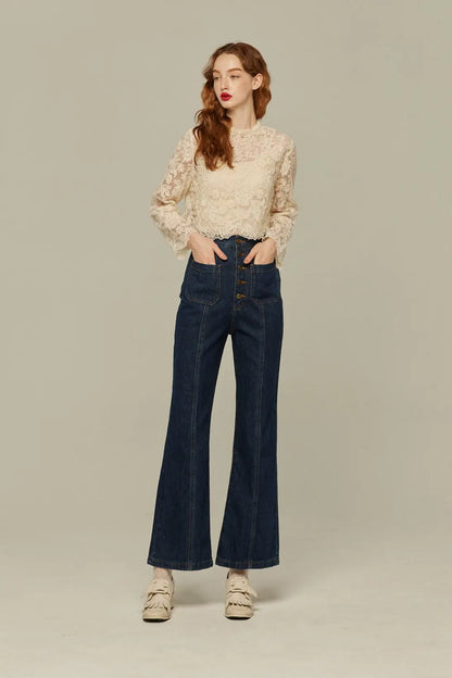 フロントボタンハイウエストデニムパンツ-Navy