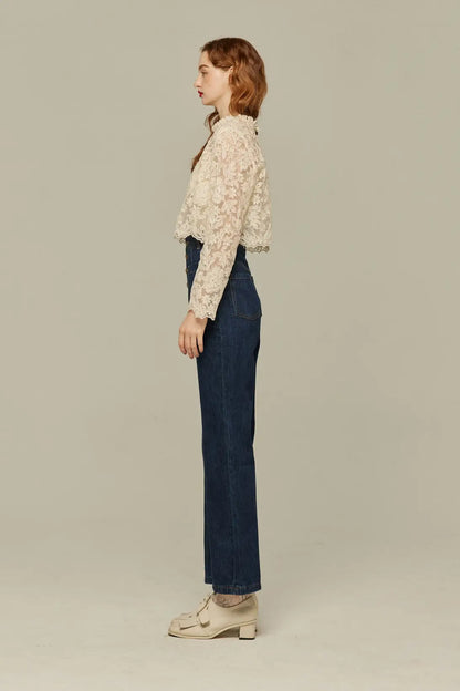 フロントボタンハイウエストデニムパンツ-Navy