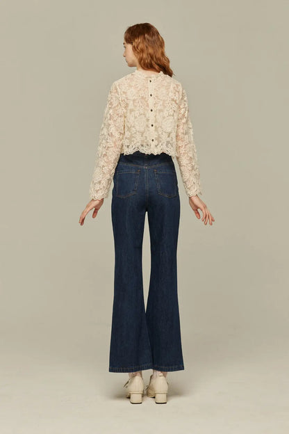 フロントボタンハイウエストデニムパンツ-Navy
