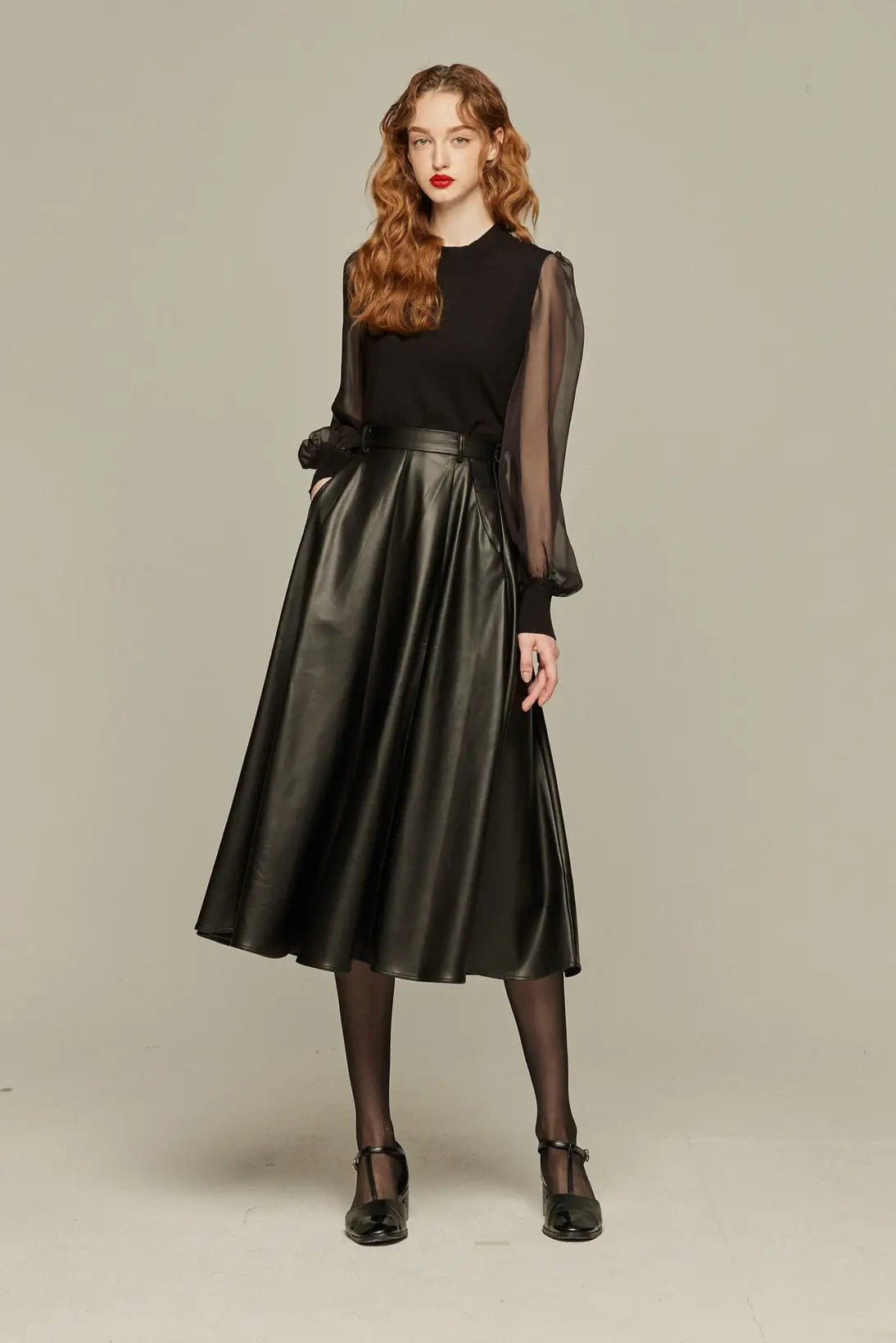 シースルースリーブニットトップ-Black