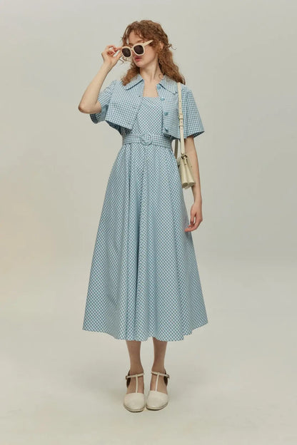 ギンガムチェックベルト付きフレアワンピース-Blue