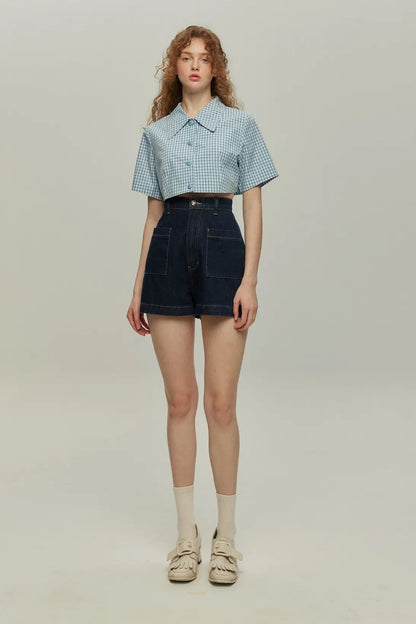 ハイウエストショートデニムパンツ-Navy