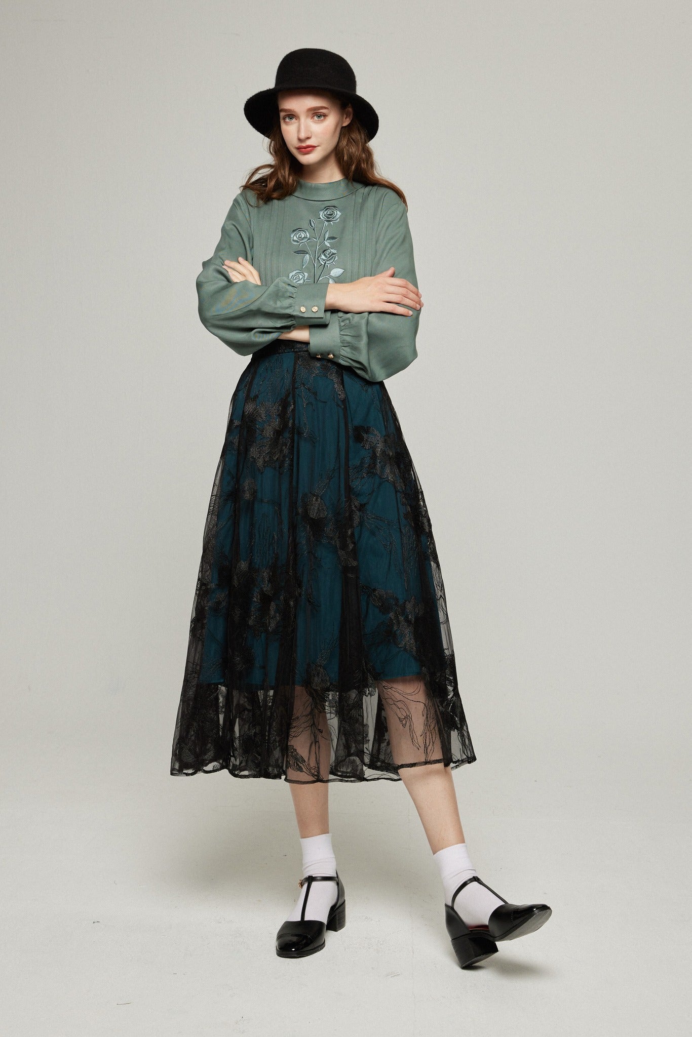 シースルーエンブロイダリーハイウエストスカート-Dark green