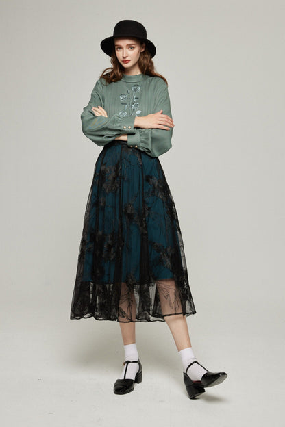 シースルーエンブロイダリーハイウエストスカート-Dark green