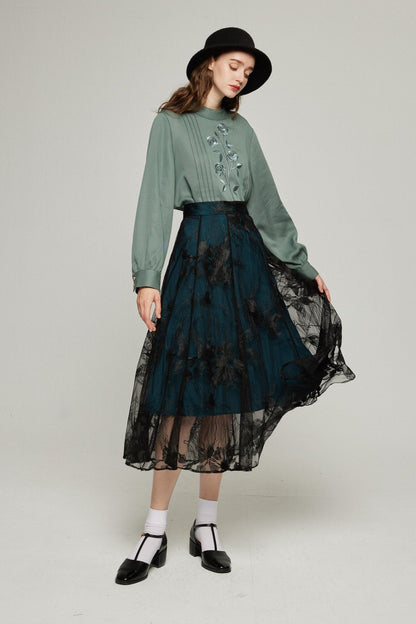 シースルーエンブロイダリーハイウエストスカート-Dark green