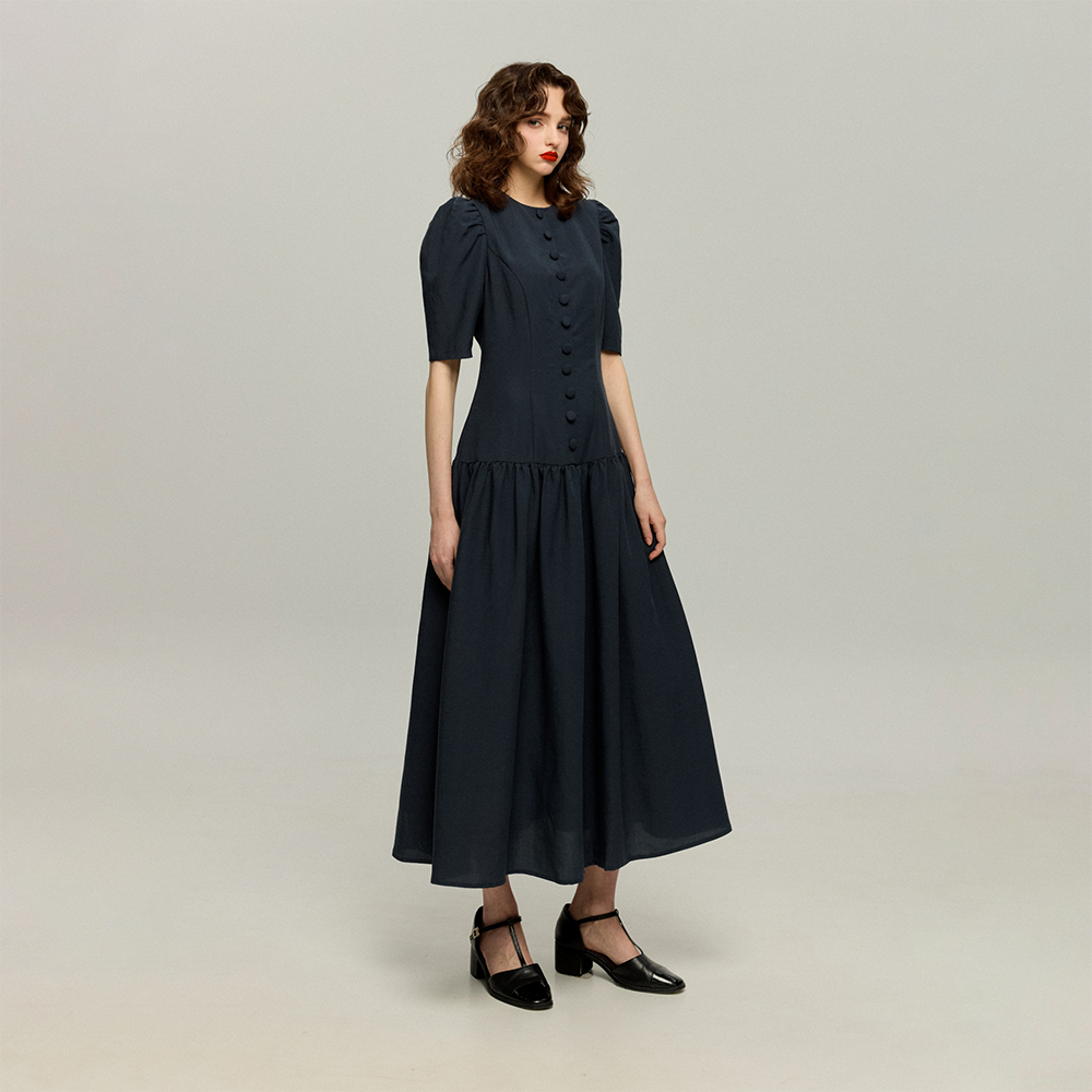 ハイウエストデザインドレス-Navy