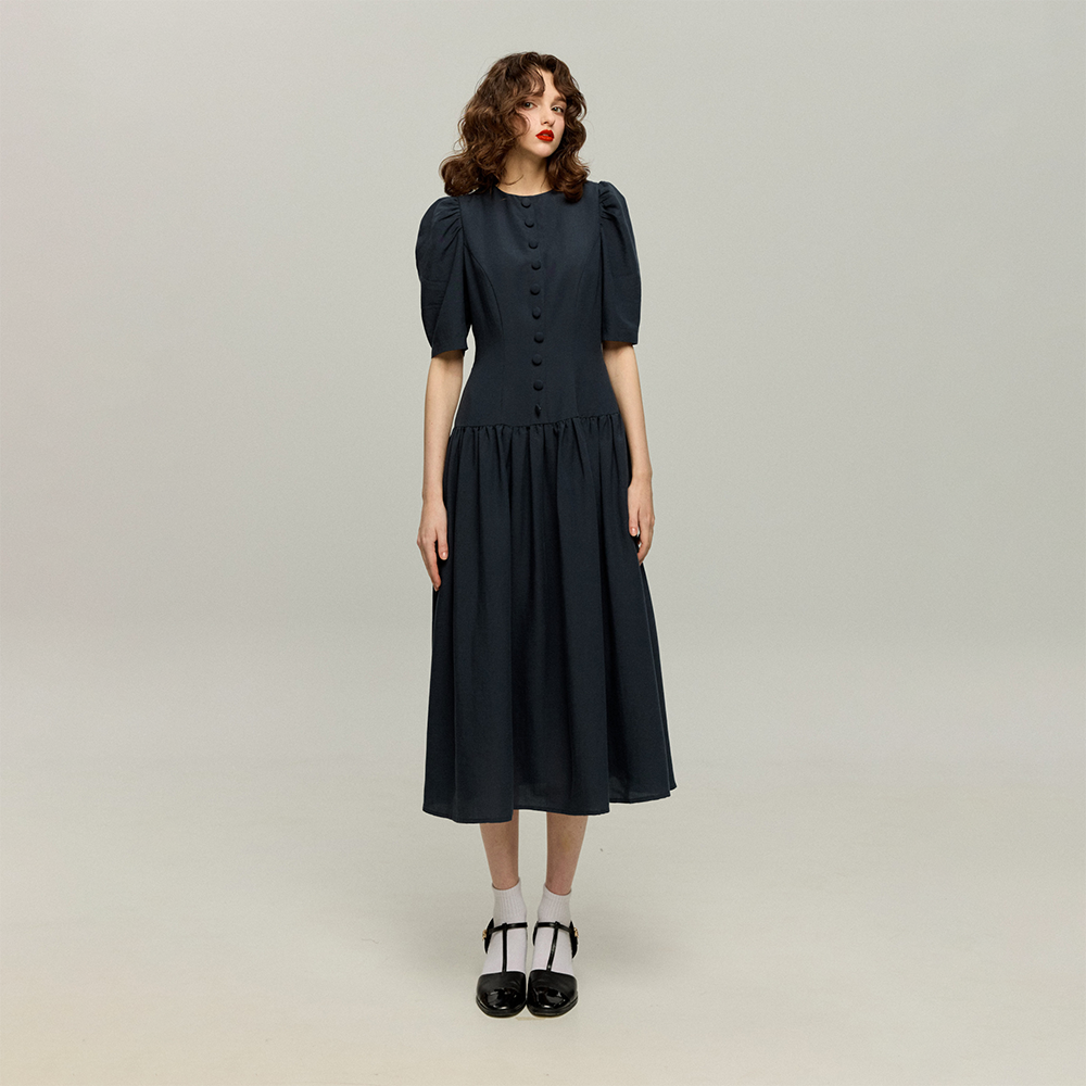 ハイウエストデザインドレス-Navy