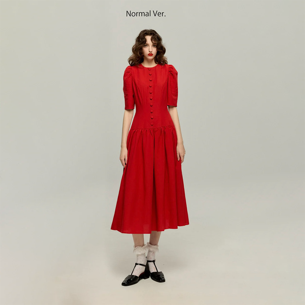 ハイウエストデザインドレス-Red