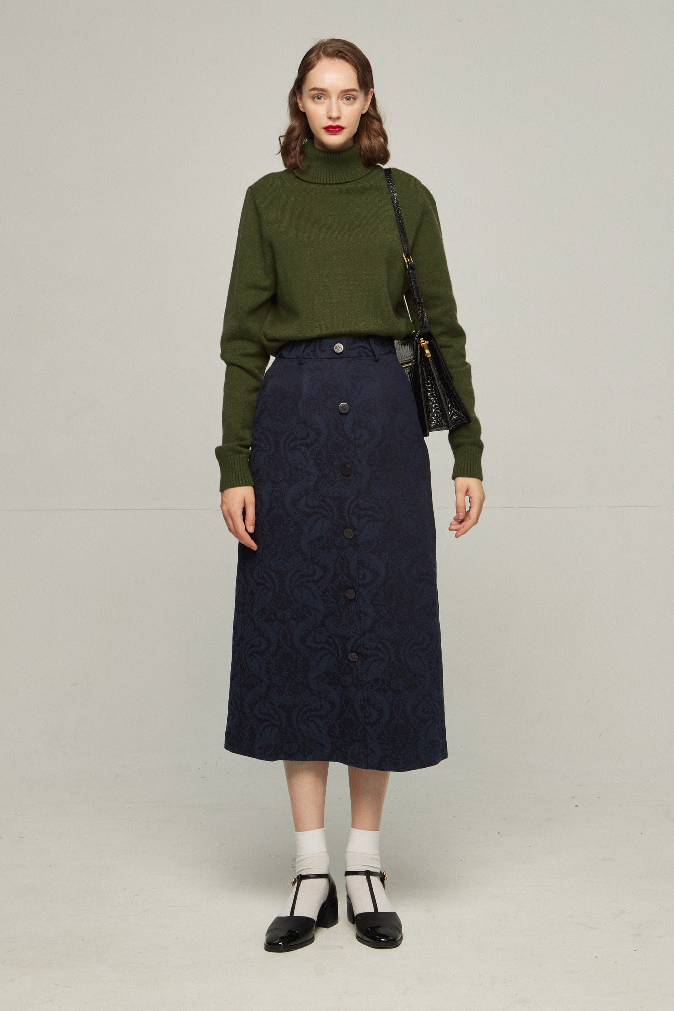 ハイウエストシノワズリジャガードスカート-Navy