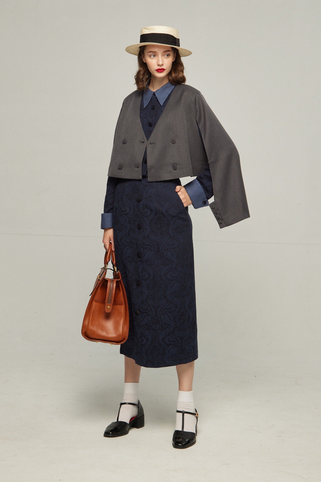 ハイウエストシノワズリジャガードスカート-Navy
