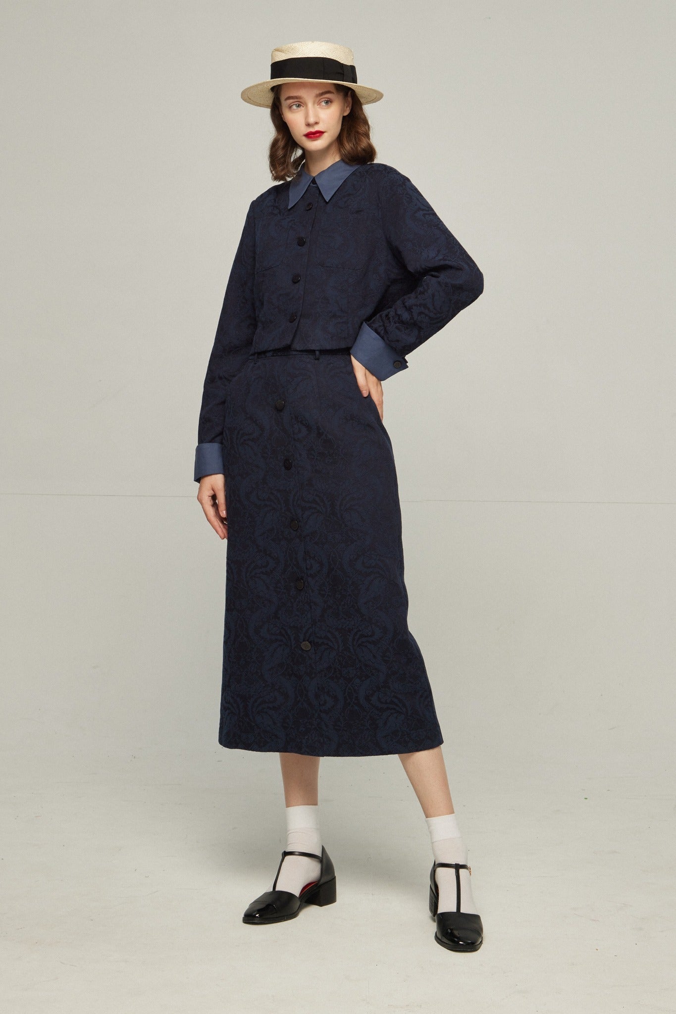 ハイウエストシノワズリジャガードスカート-Navy