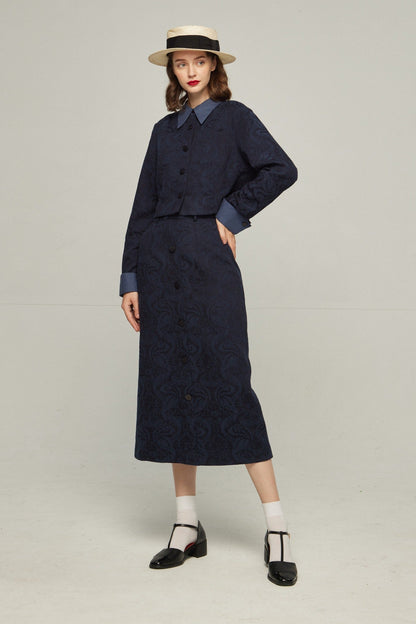 ハイウエストシノワズリジャガードスカート-Navy