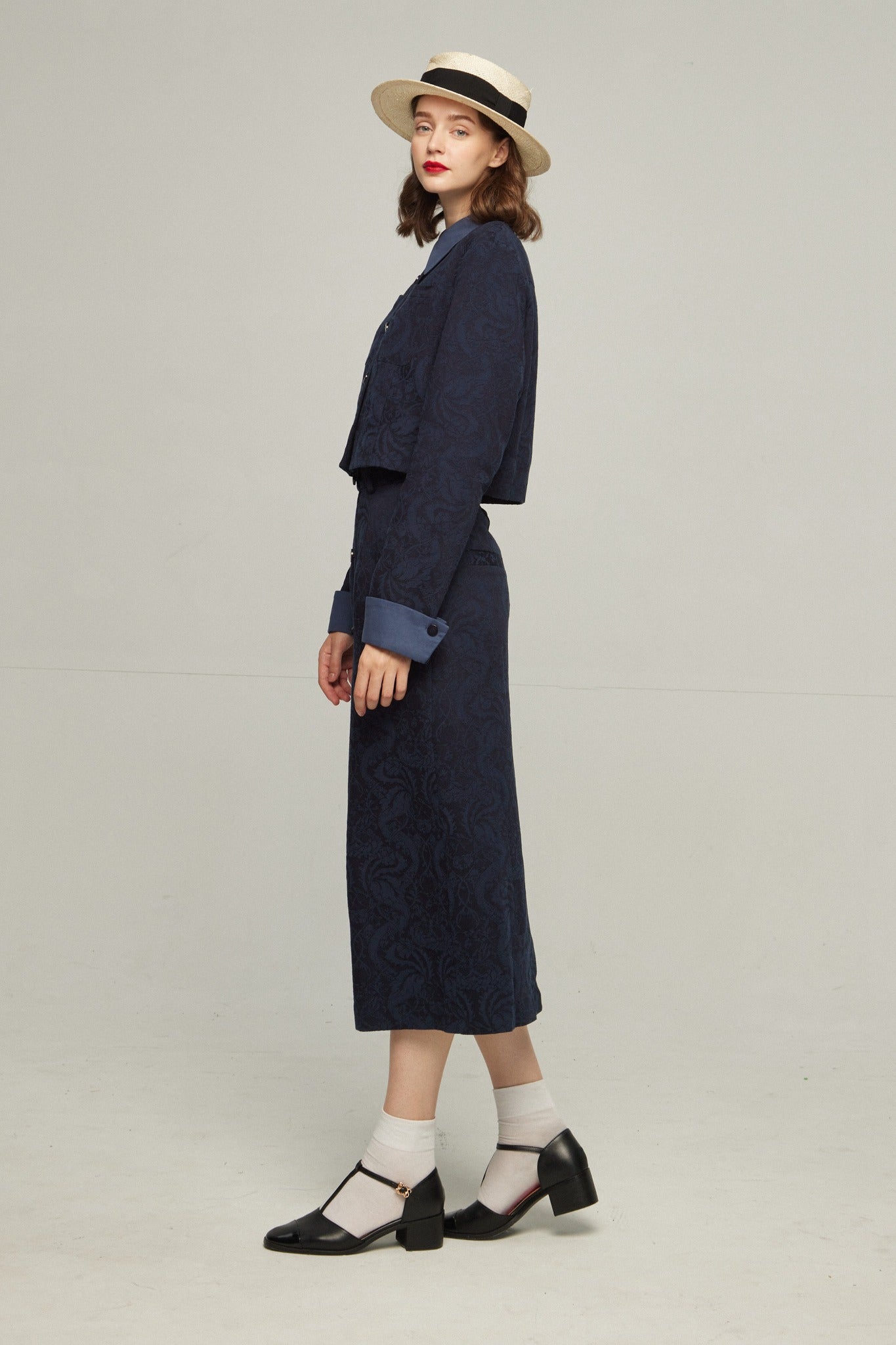 ハイウエストシノワズリジャガードスカート-Navy