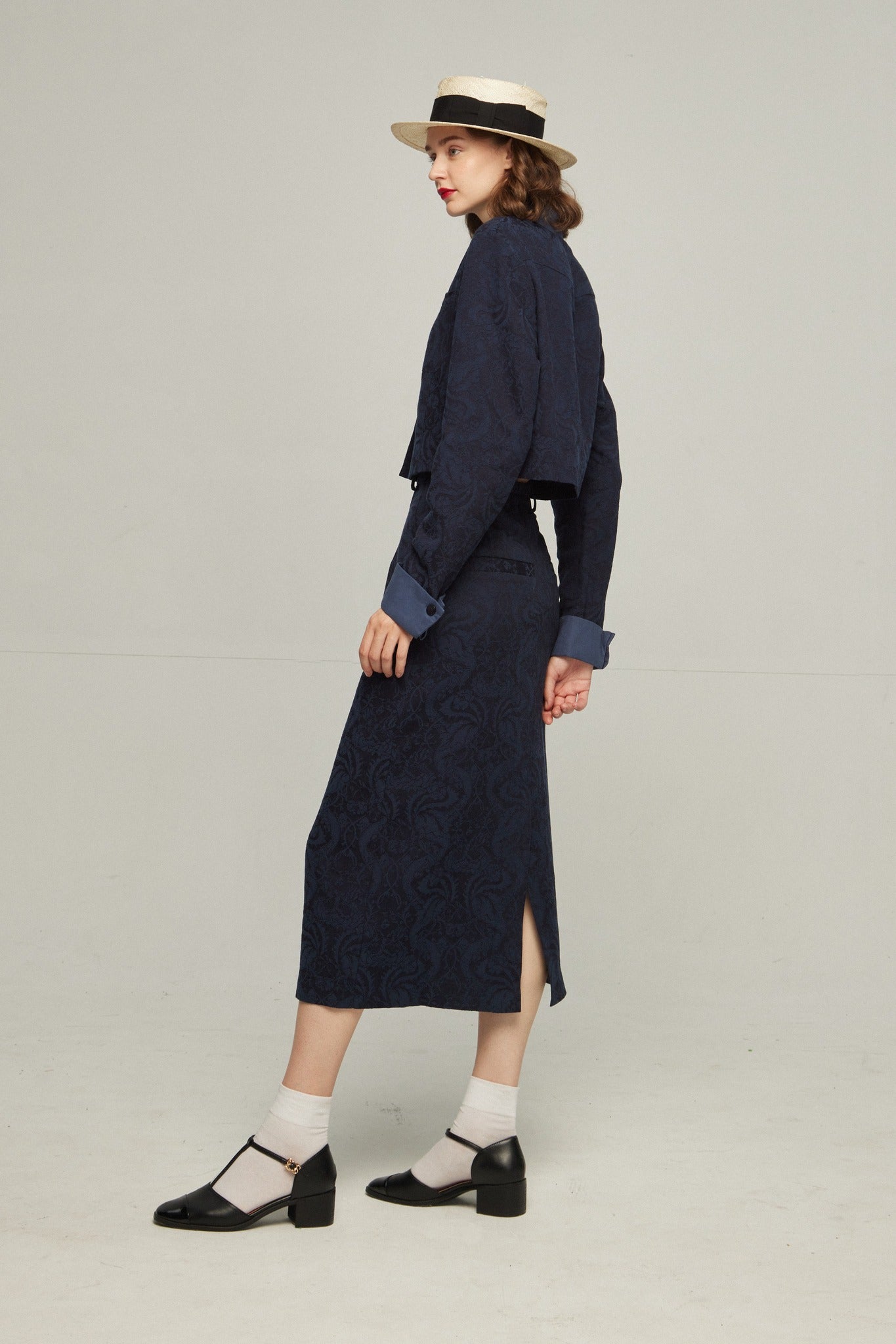 ハイウエストシノワズリジャガードスカート-Navy