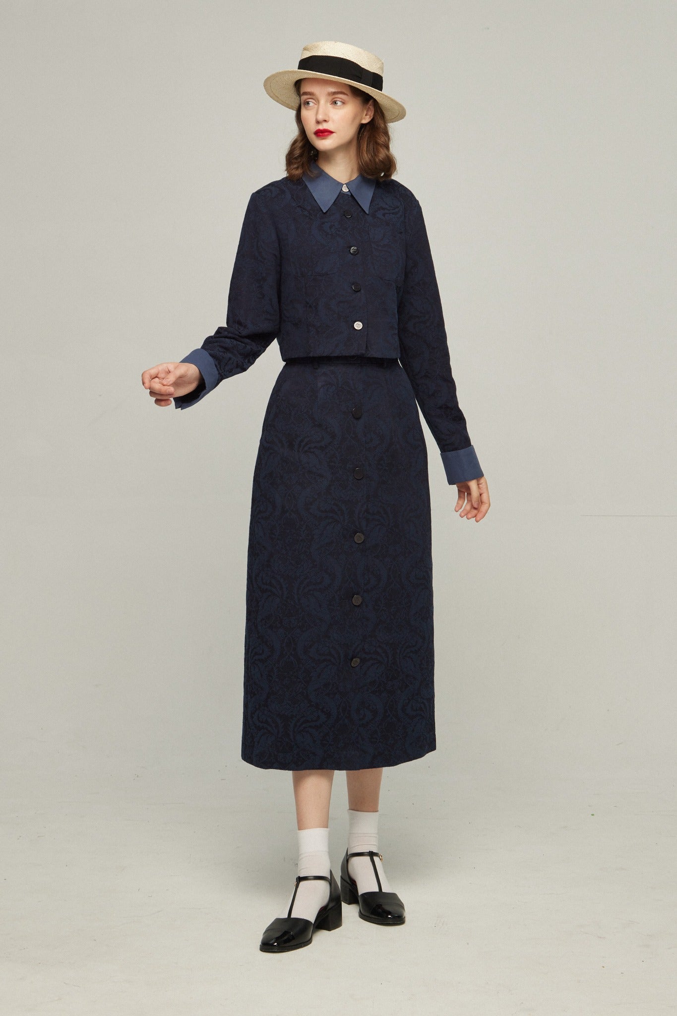 ハイウエストシノワズリジャガードスカート-Navy